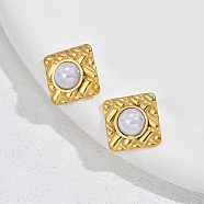 Rhombus 304 Stainless Steel Stud Earrings, with Imitation Pearl, Real 18K Gold Plated, 18x18mm(VU3141-1)