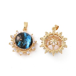 Brass Micro Pave Clear Cubic Zirconia Pendants, with Glass, Flower with Starry Sky Pattern Charms, Real 18K Gold Plated, 21x19x9.7mm, Hole: 2.5x3mm(KK-E068-VC466)
