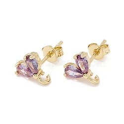 Rack Plating Brass Cubic Zirconia Stud Earrings Findings, Real 18K Gold Plated, with Loop, Cadmium Free & Lead Free, Heart, Plum, 9x8.5mm, Hole: 1.5mm, Pin: 1mm(X-MAK-I684-10G-06-RS)