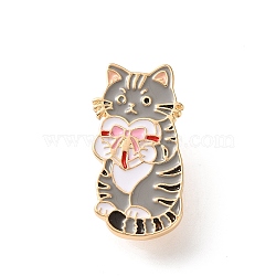 Cat Shape with Pink Bow Present Enamel Pins, Alloy Lapel Pin Backs for Backpack Clothes, Golden, Dark Gray, 30.5x15mm(AL-CBAC438-01G)