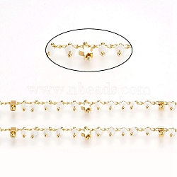 3.28 Feet Handmade Brass Chains, with Faceted Glass Beads, Curb Chains and Star Beads, Long-Lasting Plated, Soldered, Golden, White, 2.5x1.5x0.5mm(X-CHC-G011-02G-01)