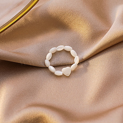 Natural Shell Beaded Stretch Rings for Women, Heart, Old Lace, Inner Diameter: 15mm(WG0687E-02)