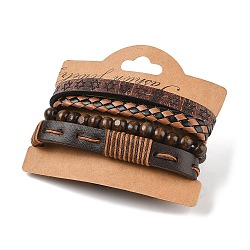 4Pcs 4 Styles PU Imitation Leather Braided Bracelets Sets, Wood Beaded Bracelets for Men, Star, Inner Diameter: 2-1/8~3-5/8 inch(5.3~9.3cm)(BJEW-P335-01A)