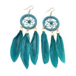 Feather Woven Net Chandelier Earrings, Alloy Long Tassel Drop Earrings for Women, Teal, 126mm, Pin: 0.6mm(EJEW-H090-01G)