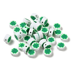 Handmade Polymer Clay Beads, Round with Clover, Medium Sea Green, 9.5x4.5mm, Hole: 1.6mm(CLAY-Z001-22)