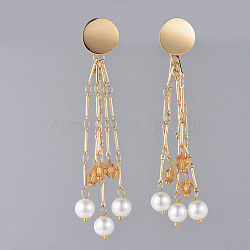 Long Tassel Earrings, Brass Dangle Stud Earrings, with Rhombus Glass, Glass Pearl Beads and Earring Backs/Ear Nuts, Golden, Goldenrod, 92mm, Pin: 0.7mm(EJEW-JE03681-04)
