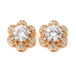 Brass Micro Pave Clear Cubic Zirconia Beads, Hollow Flower, Real 18K Gold Plated, 13.5x15x8mm, Hole: 1.8mm(CU-CBAEC99-32G-01)