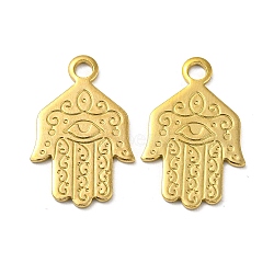 Ion Plating(IP) 304 Stainless Steel Pendants, Laser Cut, Hamsa Hand with Eye Charm, Real 18K Gold Plated, 20.5x13x1mm, Hole: 2mm(STAS-P341-19C-G)