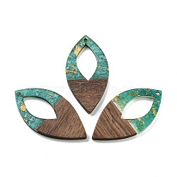 Walnut Wood Pendants, Resin & Gold Foil, Oval, Dark Cyan, 47.5x24x3.5mm, Hole: 2mm(FIND-Z050-06F)