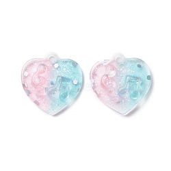 Two Tone Transparent Resin Pendants, with Glitter Powder, Heart Charm with Music Note Pattern, Sky Blue, Pink, 20x20x5mm, Hole: 2mm(RESI-C019-01D)