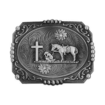 Alloy Smooth Buckles, Belt Fastener for Men, Rectangle with Cross & Horse Pattern, Gunmetal, 90x115x18.5mm