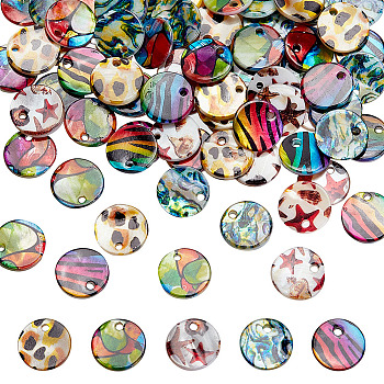 80Pcs 5 Styles Printed Freshwater Shell Charms, Flat Round with Mixed Patterns, Mixed Color, 12.5x1~2.5mm, Hole: 1.4~1.6mm, 16pcs/style