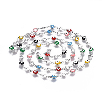 304 Stainless Steel Enamel Chains, Soldered, Heart and Flat Round Evil Eye, Stainless Steel Color, Colorful, 10x5.5x2mm