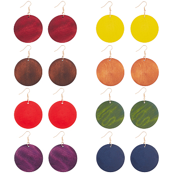 8 Pairs 8 Colors Blank Flat Round Wood Dangle Earrings with Iron Pins for Women, Mixed Color, 72x50mm, 1 Pair/color