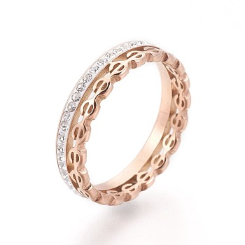 304 Stainless Steel Finger Rings, with Cubic Zirconia, Real Rose Gold Plated, Size 6~9, 16~19mm