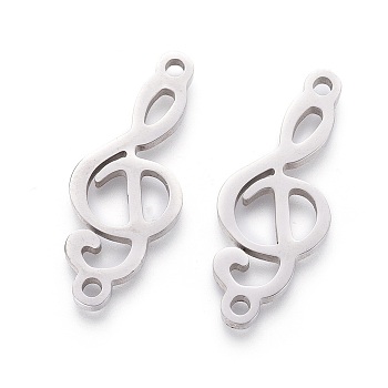 201 Stainless Steel Links, Manual Polishing, Musical Note, Stainless Steel Color, 26x10x1.5mm, Hole: 1.5mm