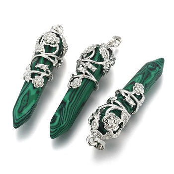 Synthetic Malachite Pointed Pendants, with Brass Findings, Bullet, Platinum, 57~60x16mm, Hole: 8x5mm