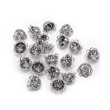 Tibetan Style Zinc Alloy Bead Cap, Multi-Petal, Flower, Antique Silver, 24.5~25x16mm, Hole: 2x5mm, Inner Diameter: 15mm