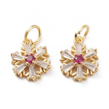 Brass Micro Pave Cubic Zirconia Pendants, with Jump Rings, Real 18K Gold Plated, Long-Lasting Plated, Snowflake, Violet, 17x10x3mm, Jump Ring: 5.5x1mm, Inner Diameter: 4mm