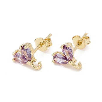 Rack Plating Brass Cubic Zirconia Stud Earrings Findings, Real 18K Gold Plated, with Loop, Cadmium Free & Lead Free, Heart, Plum, 9x8.5mm, Hole: 1.5mm, Pin: 1mm