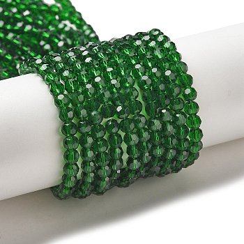 Transparent Glass Beads, Faceted(32 Facets), Round, Dark Green, 4mm, Hole: 0.7mm, about 94~96pcs/strand, 14.17~14.37 inch(36~36.5cm)