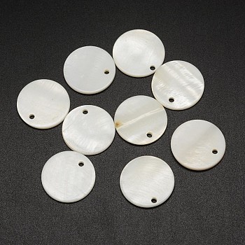Dyed Natural Flat Round Shell Charms, White, 20x2mm, Hole: 2mm