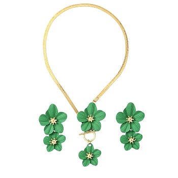 Spray Paint Alloy Jewerly Sets, Including Necklace and Earring, Flower, Green, 55x34mm