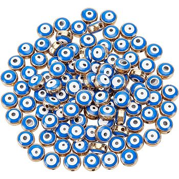 100Pcs CCB Plastic Beads, with Double Side Enamel, Flat Round with Evil Eye, Golden, 8x5mm, Hole: 1.5mm