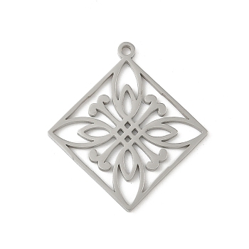 304 Stainless Steel Pendants, Rhombus with Flower, Hollow, Stainless Steel Color, 32.5x29.5x1.5mm, Hole: 1.5mm