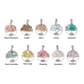 10Pcs 10 Styles Natural Mixed Gemstone Chip Pendants, Tree of Life Alloy Charms, Platinum, 35x25x6.5mm, Hole: 6x4mm, 10pcs/set