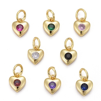 Brass Micro Pave Cubic Zirconia Charms, Long-Lasting Plated, Real 18K Gold Plated, Heart, Mixed Color, 7.5x7x3mm, Hole: 3mm