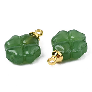 Glass Charms, with Golden Brass Loops, Clover, Green, 14.5x10.5x4.5mm, Hole: 1.6mm & 1mm