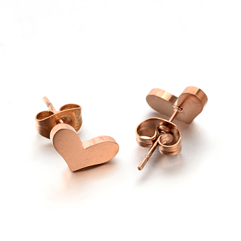 304 Stainless Steel Ear Studs, Hypoallergenic Earrings, Heart, Rose Gold, 6x10mm, Pin: 0.8mm