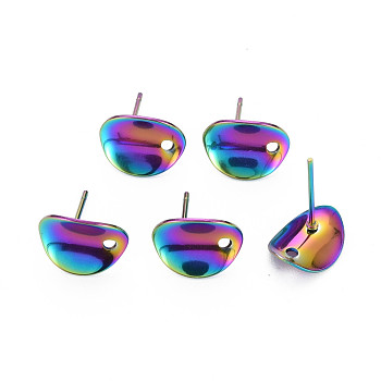 Rainbow Color 304 Stainless Steel Stud Earring Findings, with Hole, Teardrop, 11x8.5mm, Hole: 1.2mm, Pin: 0.7mm
