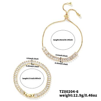 2Pcs 2 Styles Brass Cubic Zirconia Cup Chain Fashionable and Elegant Bracelets Sets, Adjustable Slider Bracelets, Golden, Clear, 6-3/4~10-1/4 inch(17~26cm), 1pc/style