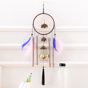 Woven Web/Net with Feather Pendant Decoration, with Brass Elephant and Tube, Wind Chime for Home Hanging Ornaments, Random Color, Colorful, 600x160mm