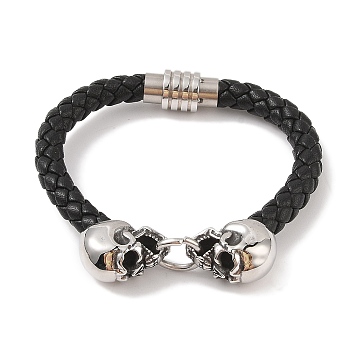 Braided Microfiber Leather Cord Bracelets, 304 Stainless Steel Skull Bracelets for Men, Antique Silver, 8-3/8x1/4 inch(21.2x0.8cm)