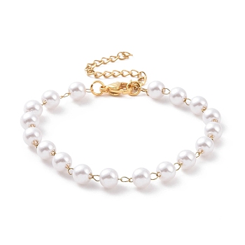 Round Plastic Imitation Pearl Beaded Bracelets, with Vacuum Plating 304 Stainless Steel Curb Chains, White, Golden, 6-3/4 inch(17.1cm)