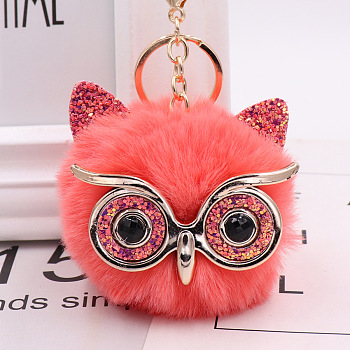 Pom Pom Ball Keychain, with KC Gold Tone Plated Alloy Lobster Claw Clasps, Iron Key Ring and Chain, Owl, Orange Red, 12cm