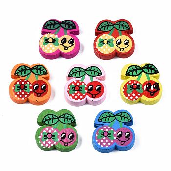 6 Styles Printed Natural Wooden Beads, Dyed, Strawberry, Mixed Color, 20x20x5mm, Hole: 1.5mm, about 625pcs/500g