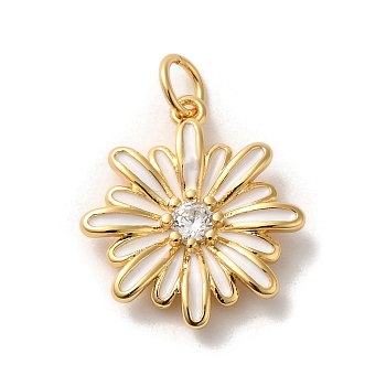 Brass Micro Pave Cubic Zirconia Pendants, with Enamel, Jump Rings, Flower, Golden, 19x17x3mm, Hole: 3.6mm