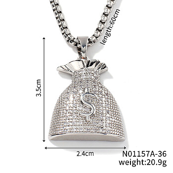 Shiny Hip-hop Style Brass Crystal Rhinestone Dollar Money Bag Pendant Box Chain Necklaces, Platinum, 23.62 inch(60cm)