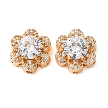 Brass Micro Pave Clear Cubic Zirconia Beads, Hollow Flower, Real 18K Gold Plated, 13.5x15x8mm, Hole: 1.8mm