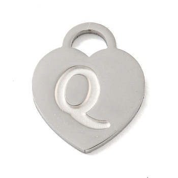 Non-Tarnish 304 Stainless Steel Pendants, Laser Cut, Heart with Letter Charm, Stainless Steel Color, Letter Q, 15x12x1mm, Hole: 3x3.5mm