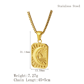 Stylish Stainless Steel Sunbeam Pendant Necklace for Women's Daily Wear, Real 18K Gold Plated, Rectangle, 17.72 inch(45cm)