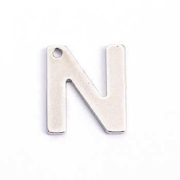 304 Stainless Steel Letter Charms, Letter.N, 11x9x0.8mm, Hole: 1mm