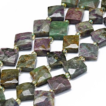 Natural African Jade Beads Strands, with Seed Beads, Faceted, Rhombus, 12~13x12~14x4~5mm, Hole: 0.8mm, about 28~29pcs/strand, 15.75 inch(40cm)