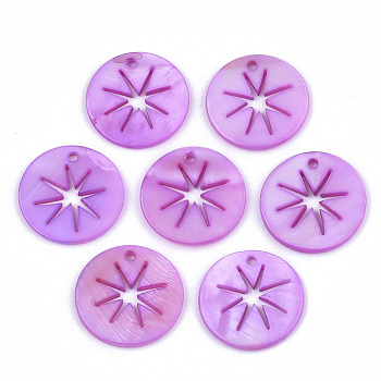 Natural Freshwater Shell Pendants, Flat Round with Hollow Star, Dyed, Violet, 20x2mm, Hole: 1.6mm