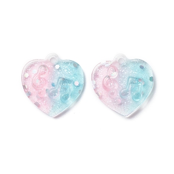 Two Tone Transparent Resin Pendants, with Glitter Powder, Heart Charm with Music Note Pattern, Sky Blue, Pink, 20x20x5mm, Hole: 2mm