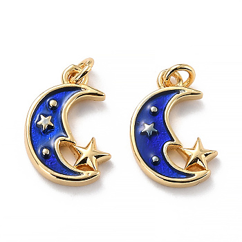 10Pcs Eco-friendly Brass Enamel Pendants, Long-Lasting Plated, Real 18K Gold Plated, Cadmium Free & Lead Free, Moon with Star, Dark Blue, 15.5x10x2mm, Hole: 2.4mm